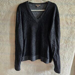 Amicale Wool & Cashmere V-Neck Sweater - Charcoal Gray- Striped Collar and Cuffs